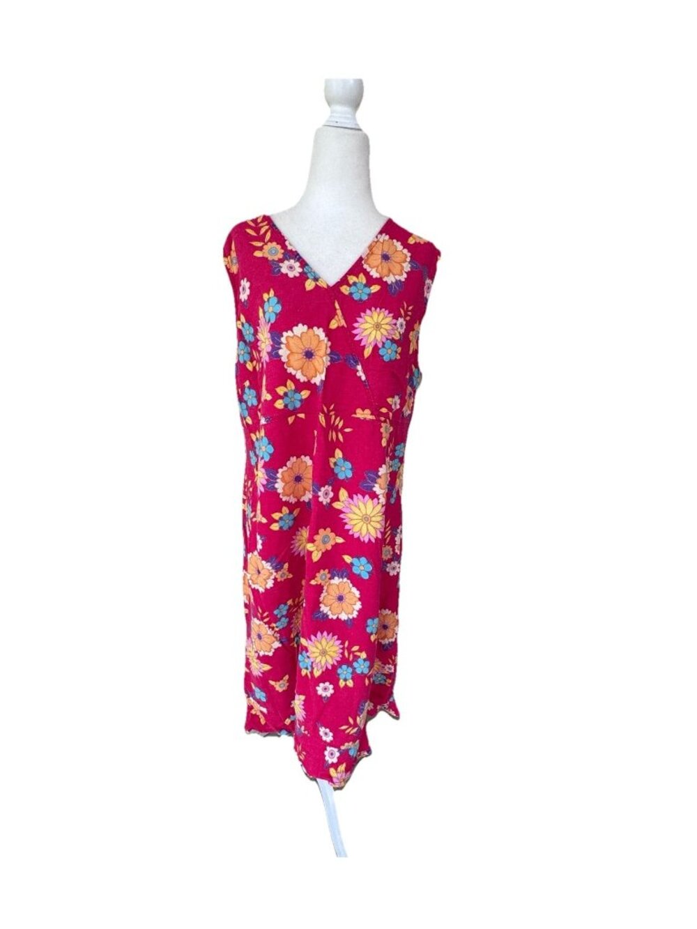 Vintage I.V.Y Linen Red Tropical Hawaiian Floral Sleeveless Dress Women Plus 16